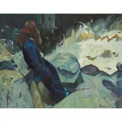 Geoffrey Squire, UNTITLED (FIGURE BY THE ROCKS), oil on canvas