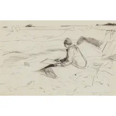 John Houston, ELIZABETH AT L'ARCOUEST ON THE BEACH, 1980, pencil on paper