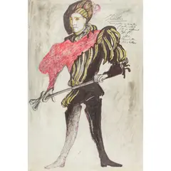 Leslie Hurry, FOUR COSTUME DESIGNS, pen and ink, pastel, watercolour on paper, 58.5cm x 39cm (23in x 15.5in), unframed