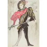 Leslie Hurry, FOUR COSTUME DESIGNS, pen and ink, pastel, watercolour on paper, 58.5cm x 39cm (23in x 15.5in), unframed