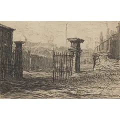 Muirhead Bone, OLD MANSION HOUSE GATES AT ROCKVILLA, GLASGOW, pen and ink on paper