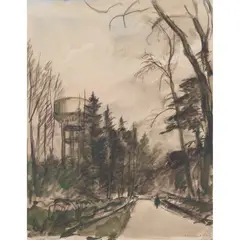 Muirhead Bone, WATER TOWER, ALMERTON, charcoal, watercolour and wash on paper