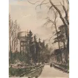 Muirhead Bone, WATER TOWER, ALMERTON, charcoal, watercolour and wash on paper