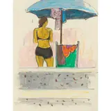 Alberto Morrocco, UNDER THE PARASOL, Oil pastel and pencil