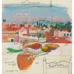 Leon Morrocco, LUNCH ON THE TERRACE, PIAZZA DANTE, ROME, 2008, mixed media on paper
