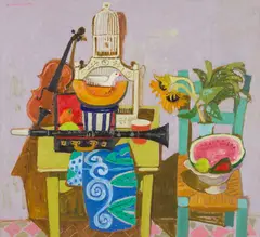 Leon Morrocco, MUSICAL INSTRUMENTS AND GREEN CHAIR, 1998, oil on canvas