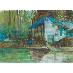Ann Oram, MAN STANDING BY HIS HOUSE, KERALA BACKWATERS, gouache and ink
