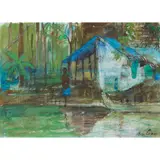 Ann Oram, MAN STANDING BY HIS HOUSE, KERALA BACKWATERS, gouache and ink