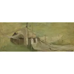BOTHY AND SALMON NETS, CATTERLINE by James Morrison, 1961, oil on canvas laid on board, sold Apr 2025