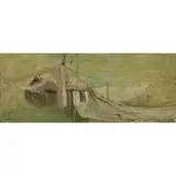 James Morrison, BOTHY AND SALMON NETS, CATTERLINE, 1961, oil on canvas laid on board