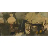 Lillian Neilson, STILL LIFE WITH OIL LAMP AND GRATER, oil on board