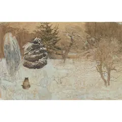 Victoria Crowe, VISITING CAT AND TWO SNOWMEN, oil and mixed media on pumice printed paper