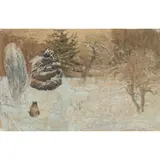 VISITING CAT AND TWO SNOWMEN by Victoria Crowe, oil and mixed media on pumice printed paper, sold Apr 2025