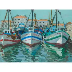 Alberto Morrocco, FISHING BOATS, SÖLLER, 1979, oil on board