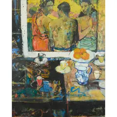 Peter McLaren, STILL LIFE WITH GAUGUIN FIGURE AND BLUE JUG, oil on board