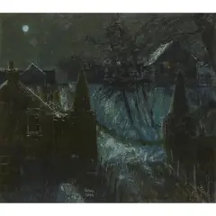 Victoria Crowe, COTTAGES IN MOONLIGHT, oil on board