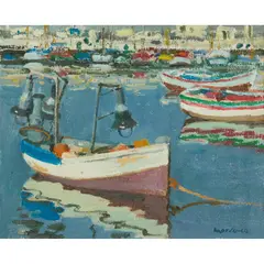 Alberto Morrocco, NIGHT FISHING - BOAT IN HARBOUR, ESTEPONA, oil on canvas board