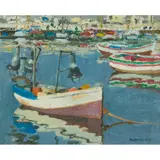 Alberto Morrocco, NIGHT FISHING - BOAT IN HARBOUR, ESTEPONA, oil on canvas board