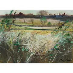Ann Oram, WINTER FIELDS AND FROSTED HEDGEROWS, mixed media on paper