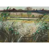 Ann Oram, WINTER FIELDS AND FROSTED HEDGEROWS, mixed media on paper