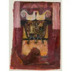 RITUAL BIRDS by Marj Bond, 1998, mixed media, gold paper and collaged components on paper, offered Jun 2025