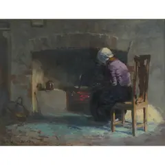 William Bradley Lamond, SITTING BY THE STOVE, oil on canvas