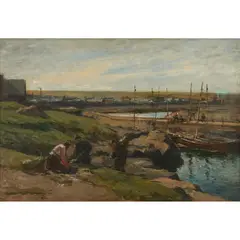 Archibald David Reid, SORTING THE CATCH AT WHITEHILLS HARBOUR, Oil on board