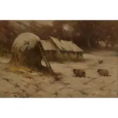 Robert Russell MacNee, STEADING IN THE SNOW, oil on canvas