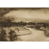 Sir David Young Cameron, MELROSE ABBEY AND THE TWEED, watercolour grisaille