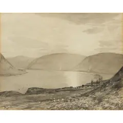 THE OLD CHURCHYARD, ST MARY'S LOCH, SELKIRKSHIRE by Tom Scott, watercolour grisaille, offered Jun 2025