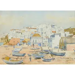 FISHERMEN'S BEACH, ALBUFEIRA by Karl Hagedorn, 1968, pen and watercolour, sold Jun 2025