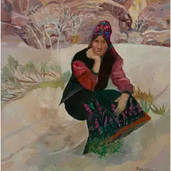 Brenda Lenaghan, WOMAN AT PETRA, JORDAN, oil on board