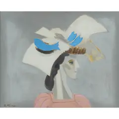 David Michie, GIRL WITH FISH HAT, oil on board