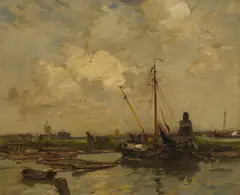 James Campbell Noble, BARGES ON A DUTCH CANAL, oil on canvas