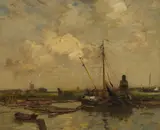 James Campbell Noble, BARGES ON A DUTCH CANAL, oil on canvas