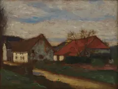 William Strang, FARM COTTAGES, FRANCE, oil on panel