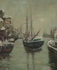 SNOW ON THE BROOMIELAW by James Kay, oil on canvas, sold Jun 2025