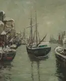 James Kay, SNOW ON THE BROOMIELAW, oil on canvas