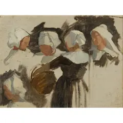Robert Brough, BRITTANY PEASANTS, oil on unstretched canvas