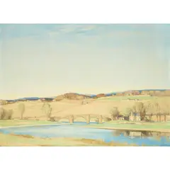 Sir David Young Cameron, BRIDGE ACROSS THE RIVER, oil on canvas