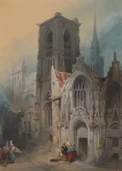 David Roberts, FIGURES OUTSIDE A CHURCH, AMIENS, pen and ink and watercolour