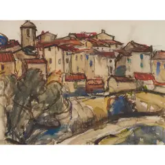 John Maclauchlan Milne, A MEDITERRANEAN HILLTOP VILLAGE, Charcoal and watercolour