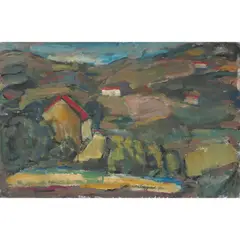 William MacTaggart, LANDSCAPE WITH RED-PANTILED COTTAGES, mixed media