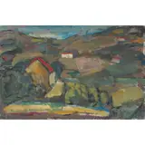 William MacTaggart, LANDSCAPE WITH RED-PANTILED COTTAGES, mixed media
