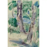 John Duncan Fergusson, PALM TREES, CAP D'ANTIBES, charcoal and watercolour