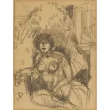 John Duncan Fergusson, NUDE SEATED ON A BALCONY, Charcoal on buff paper