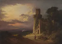 Alexander Nasmyth, FIGURES ON A COUNTRY ROAD BENEATH A RUINED TOWER, Oil on panel