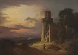 Alexander Nasmyth, FIGURES ON A COUNTRY ROAD BENEATH A RUINED TOWER