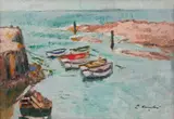 George Leslie Hunter, BOATS AND FIGURE, LARGO, oil on panel