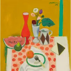 Alberto Morrocco, WATERMELON, FIG AND TUNISIAN TILE, oil on canvas